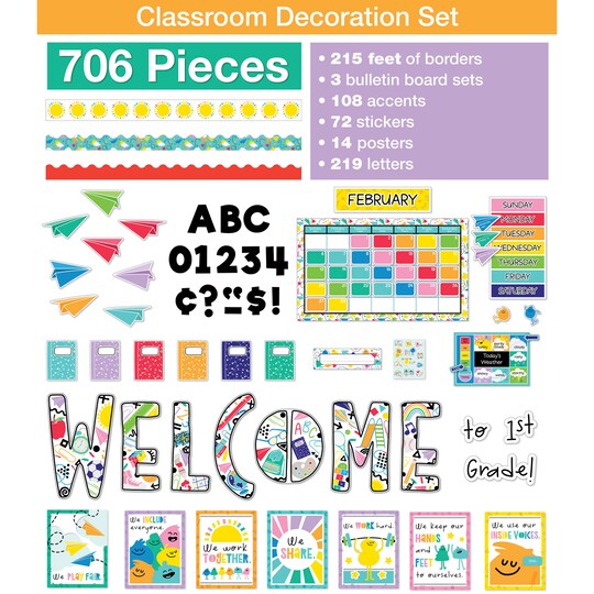 Carson Dellosa Education; Carson Dellosa Happy Place 706PC Teacher Supplies, Calendar, Welcome Banner, Borders, Posters, Stickers, Name Labels for Kids and More Back to School Decorations for Bulletin Board and Classroom Decor; Category:Bulletin Board Sets; Image:1